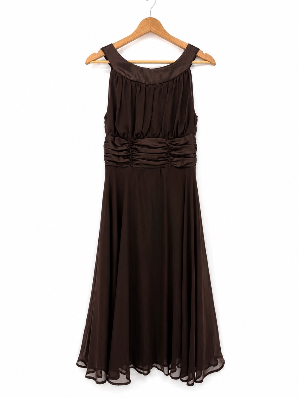 Dressbarn Collection Brown Chiffon Midi Dress Women's Size 10 Ruched Waist Y2k